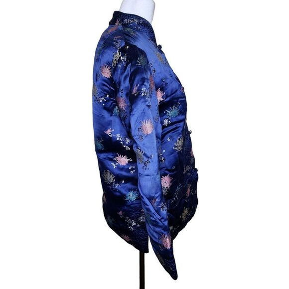 Vintage Peony Traditional Chinese Jacket Frog Buttons Womens Size M Blue Quilted - Picture 6 of 9